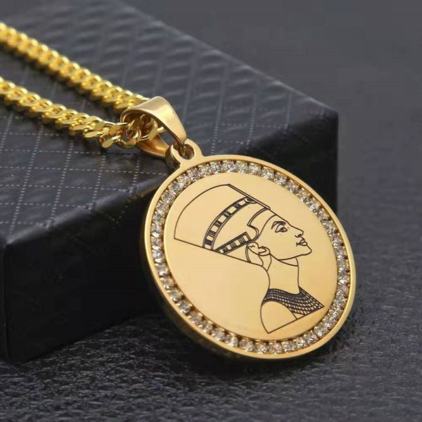

iced out nefertiti pendant necklace for men luxury designer mens bling diamond dog tag penants stainless steel link chain jewelry love gift, Silver