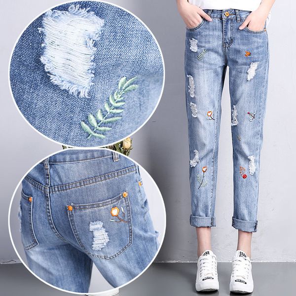 

2020 new fashion style female elegant embroidery jeans harem pants office lady casual softener washed ripped denim trousers t264, Blue