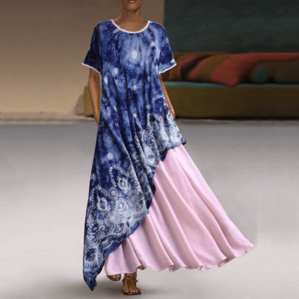 

plus size women vintage maxi dress o neck splicing floral printed short sleeve party long dresses vestidos de verano 2019 s-5xl, Black;gray