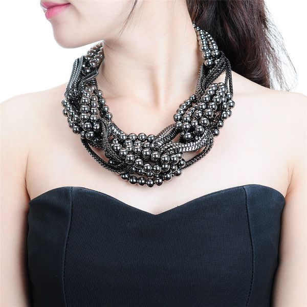 

vintage gold/silver/black alloy women chunky choker beaded chain statement necklace 2019 big necklaces fashion jewelry