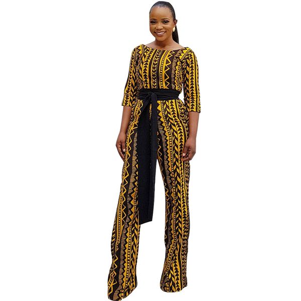 

women african jumpsuit high waist rompers elegant tranditional printed dashiki for lady fashion o-neck overalls, Black;white