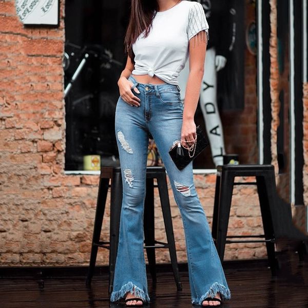 Womens Chic Cowboy Pants Motorcycle Jeans Stretch Tassel Bell-bottom Trousers Sz