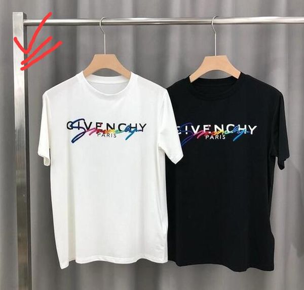 

20ss роскошные мужчины женщины футболка топы париж вышивка подпись разноцветные футболки модные дизайнеры мужская одежда хлопок тройник bd95, White