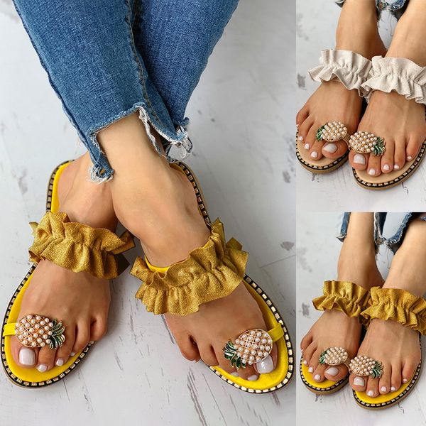 

women slipper pineapple pearl flat toe bohemian casual shoes beach sandals ladies shoes platform sandalias drop shipping csv, Black