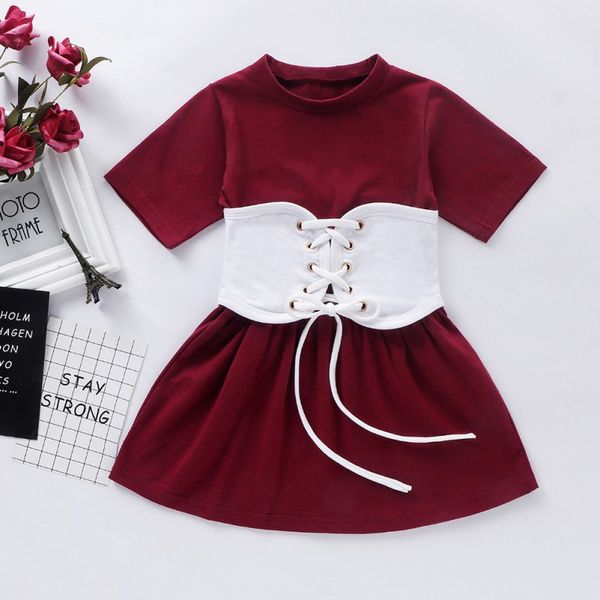 

baby girls dresses 1-6y toddler girls thin letter print dress plaid waistband belt children clothes two-piece suit, Red;yellow