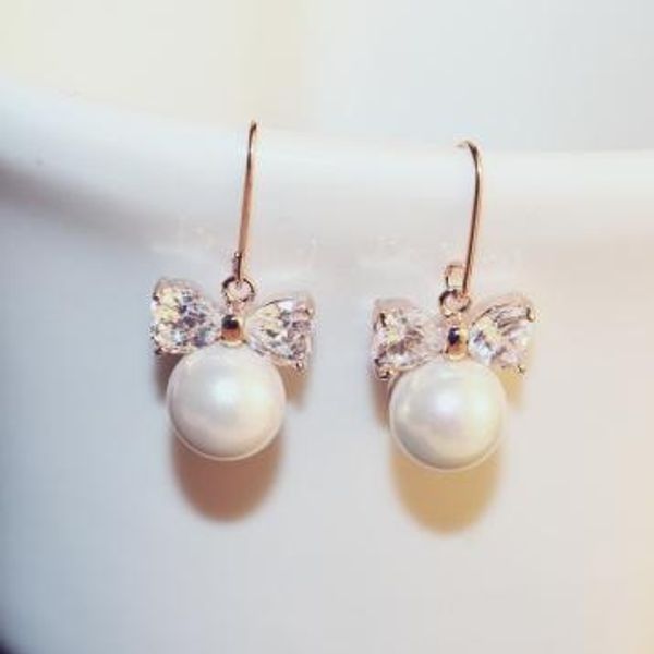 

korean style sweet bow knot earrings drop crystal imitation pearl earing for women girls gift, Silver