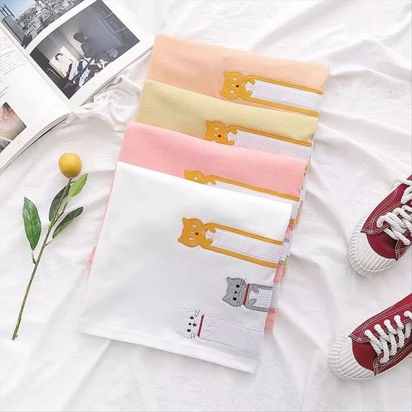 

mori women's summer women's sweet and lovely three cats embroidered cotton pullover pullover short-sleeved t-shirt women, White