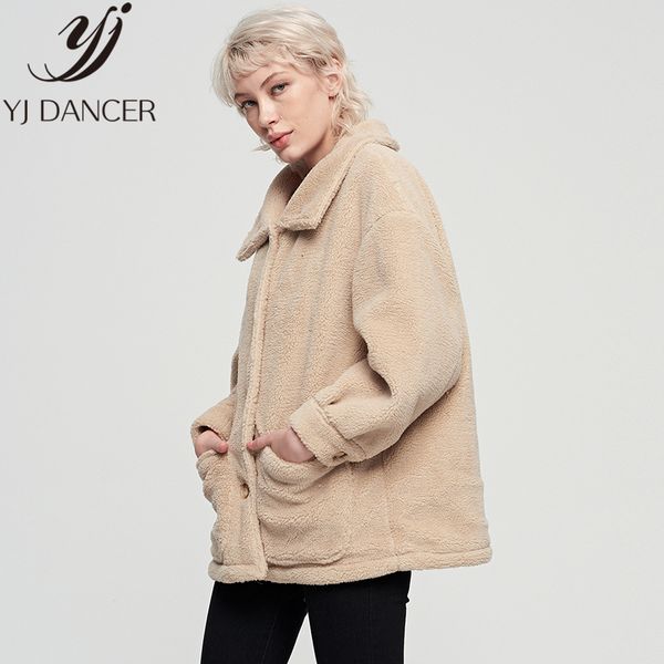 

2019 new fashion lamb cashmer winter jacket women casual long-sleeved slim overcoat single-breasted lapel coat female zzz153, Black