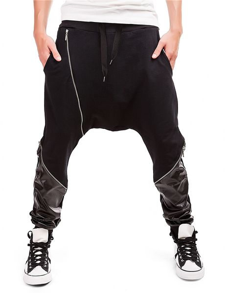 

men cotton harem pants sweatpants fashion splice zipper hip hop baggy cross pants 2019 summer male loose elastic waist trouser, Black
