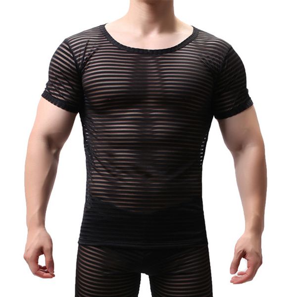 

mens transparent mesh t shirt 2020 new see through striped short sleeve muscle sleep undershirts nightclub perform tees, White;black