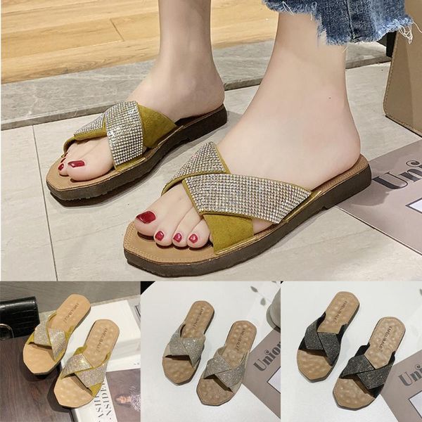 

orthopedic slippers for women crystal shiny slippers flat ladies elegant pure color summer outdoor roman shoes fe4, Black