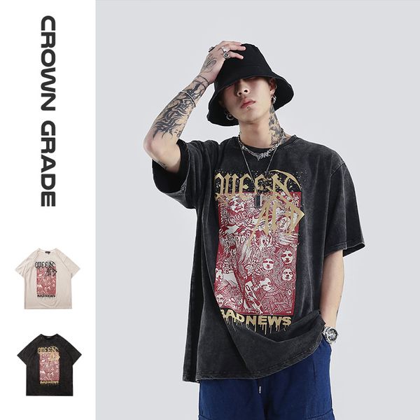

brand fashion luxury designer mens national fashion crowngrade sand wash old heavy short-sleeved mens t-shirt loose rock queen band printed, White;black