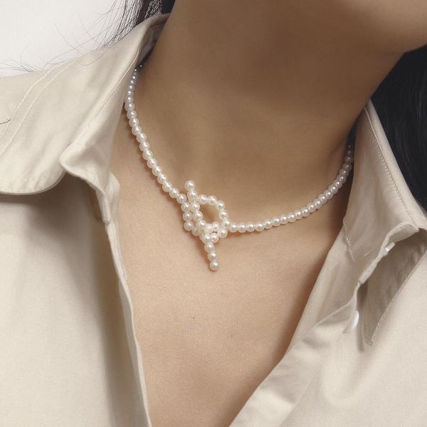 

2020 fashion imitation pearl ot buckle beads necklace for women choker clavicle chain female collar jewelry, Silver