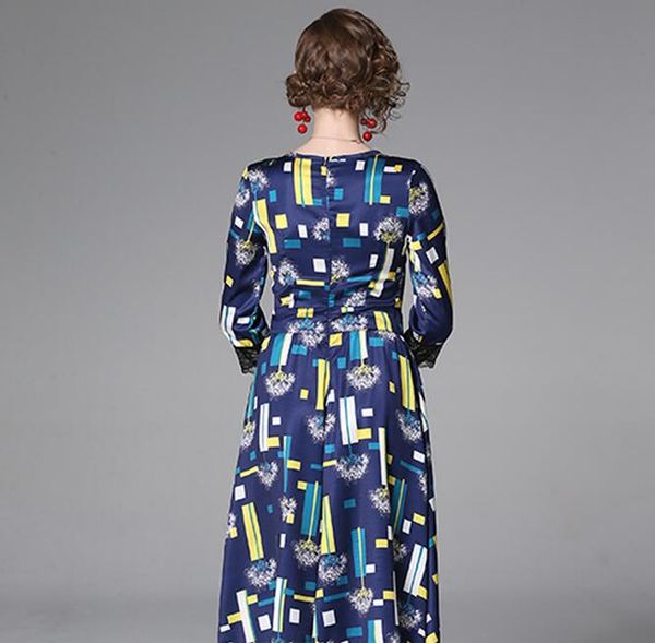 

new arrival geometric printed blue women dress crew neck a-line street style dresses knee-length 3/4 sleeve, Black;pink