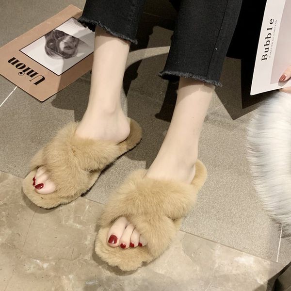 

women slippers autumn winter korean flat fashion cross design plush slippers j9, Black