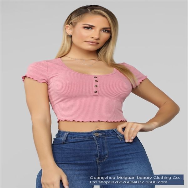 

2019 high waist tight navel simple all-match low t-shirt chest buckle chest button pothole short-sleeved t-shirt, White