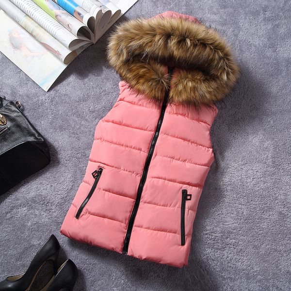 

almuerk 2019 women autumn winter vest hooded fur collar sleeveless zipper pocket casual waistcoat slim waist plus size big, Black;white