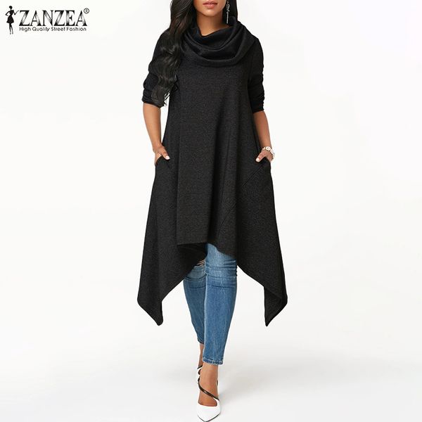 

zanzea women asymmetrical hem turtleneck hoodies sweatshirts loose pullovers hoodie sweatshirt pockets sudadera mujer plus size, Black