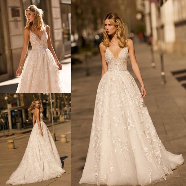 

amazing berta lace backless wedding dresses deep v neck appliqued bridal gowns a line sweep train tulle robe de mariÃ©e, White
