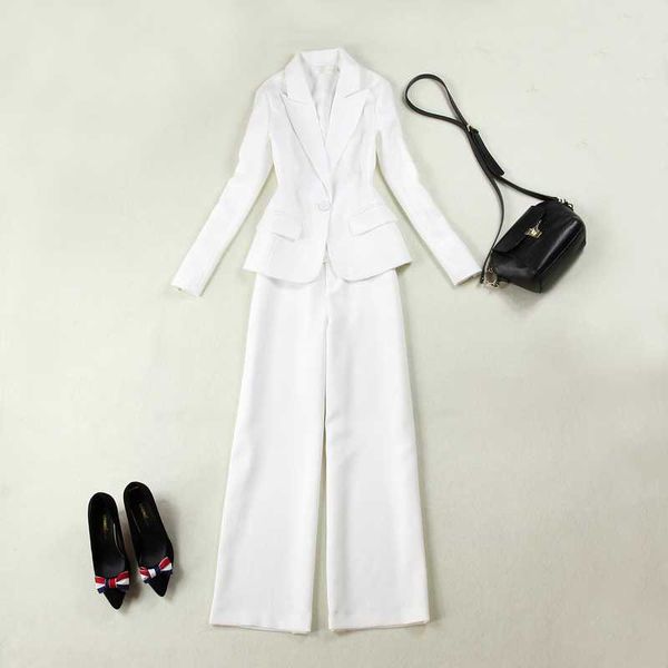 

large size women's spring and autumn new self-cultivation tooling white suit + straight wide leg pants suit, White;black