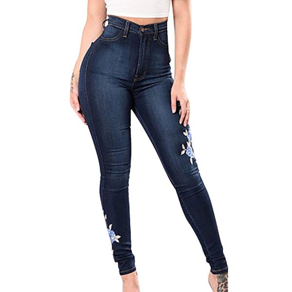 

womail plus size jeans stretch high waist skinny embroidery jeans woman floral denim pants trousers women 820#3, Blue