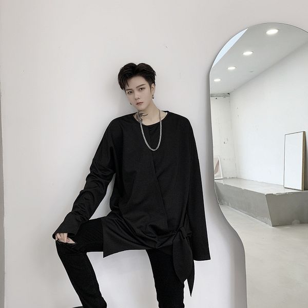 

men long sleeve t-shirt male asymmetric design streetwear gothic punk hip hop loos tees shirts, White;black