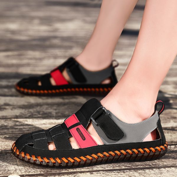 

38-4 men's sandals summer beach shoes fashion genuine leather sandals casual men shoes outdoor comfortable soft flip flops, Black