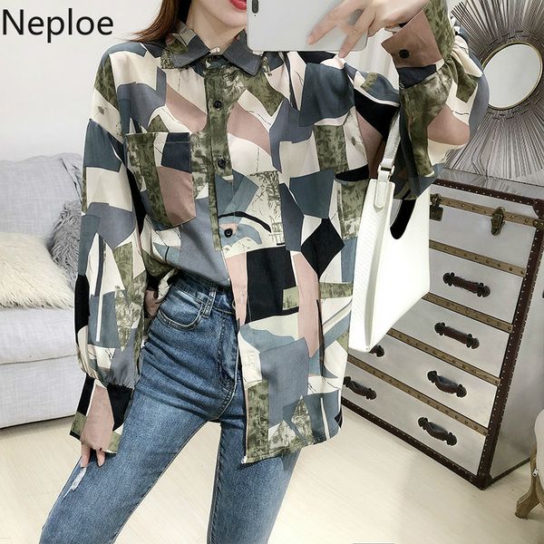 

neploe vintage women chiffon blouse geometric hit color printed blusa 2020 spring long sleeve irregular medium-long shirt 59004, White