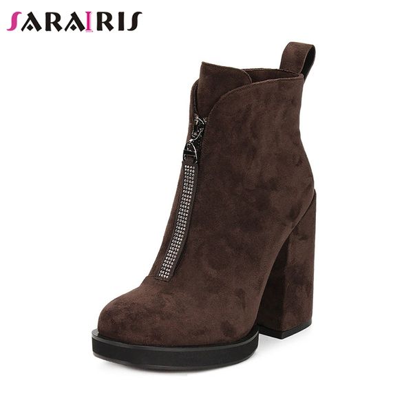 

sarairis new arrivals dropship large size 35-41 zip up ankle boots female shoes women chunky high heels boots woman shoes, Black