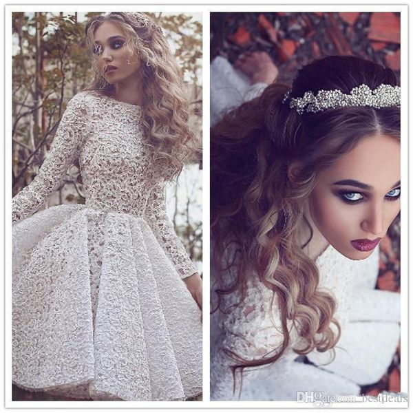 

said mhamad simple short wedding dresses long sleeves jewel neck mini wedding bridal gowns full lace custom made, White