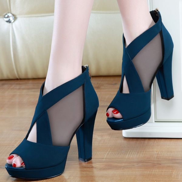 

2020 summer new ladies sandals suede fish mouth mesh high heel women's shoes waterproof platform roman sandals women, Black