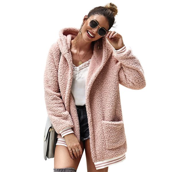 

2019 women teddy fleece sweater sherpa fleece cardigan large pockets elastic hem warm coat female winter fall streetwear, White
