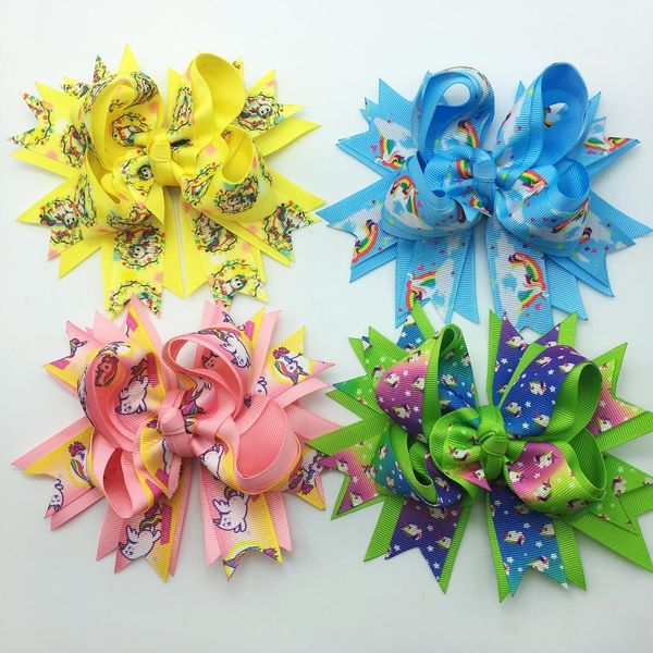 

5.5'' unicorn print hair bows rainbow ribbon hair clips for girls kid boutique accessories 10 colors, Slivery;white