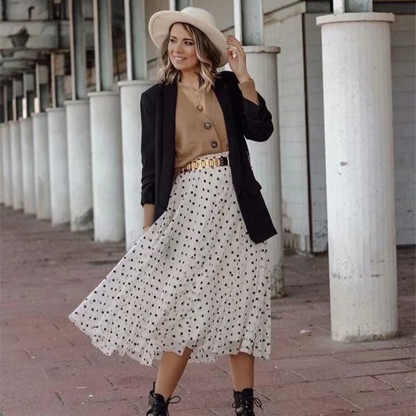 

skirts 2021 sping chic women white pleated long skirt female fashion polka dot print high waist mesh casual a-line, Black