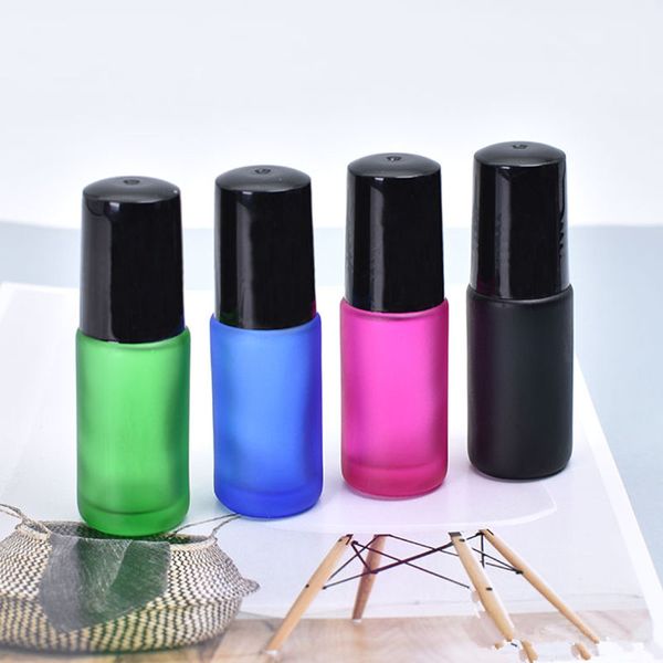 

20pcs/lot 5ml frosted thick glass perfume roll on bottle with stainless steel ball essential oil bottle pink blue black green