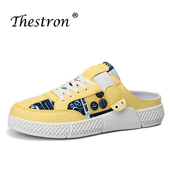 

2019 summer youth fashion mens shoes half drag leather shoes yellow black flats casual comfortable half slippers for men