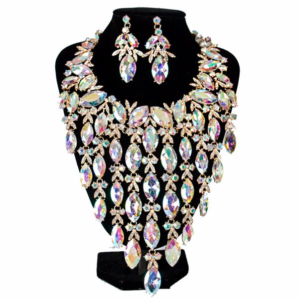

lan palace luxury big crystal bridal jewelry set six colors necklace and earrings for wo'men ing, Silver