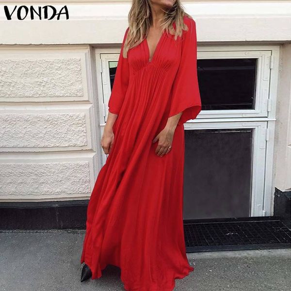 

vonda летняя мода платье повседневное 3/4 рукав v шеи сплошной цвет вечерние платья свободные чешские vestidos 5xl женские туники, Black;gray