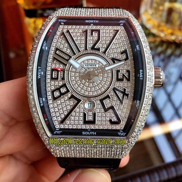

vanguard date v45 sc dt diamond date dial automatic mechanical mens watch silvery diamond case black leather band sport watches, Slivery;brown