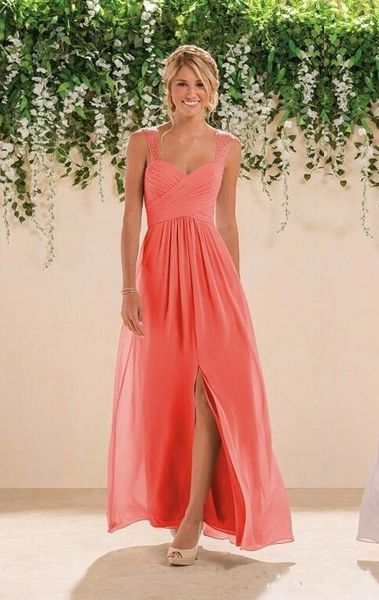 

2020 chiffon coral country a line long bridesmaids dresses spaghetti straps backless crystals beaded prom gowns custom made hh291, White;pink