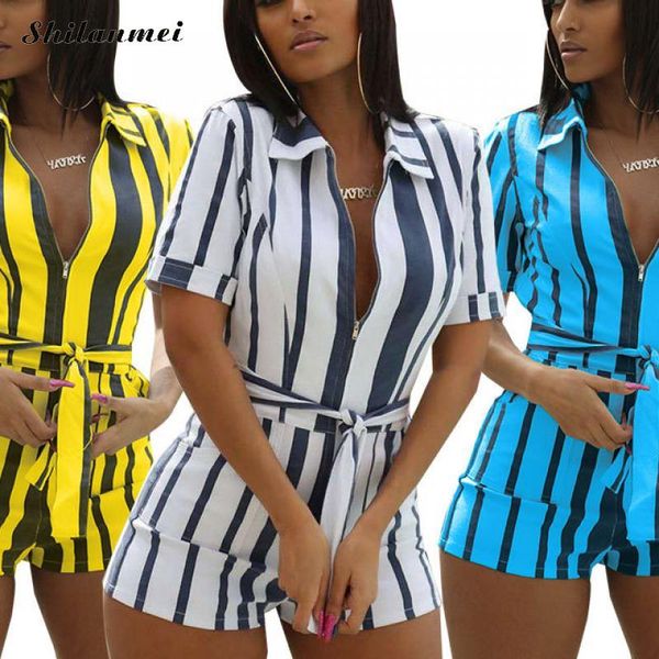 

2019 new short jumpsuits women deep v neck short sleeve pants straight playsuit stripe office ladies overalls jumpsuit, Black;white