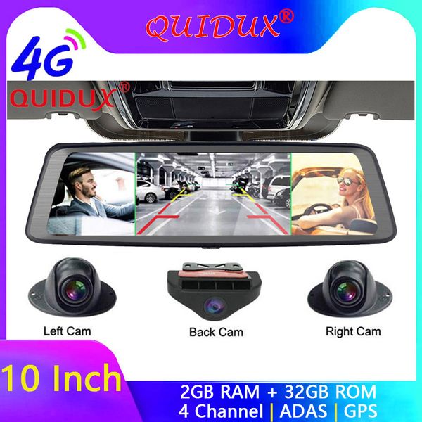 

quidux 10" 4g 4 cameras car dash cam adas android car dvr video recorder fhd 1080p rearview mirror with gps navigation dashcam