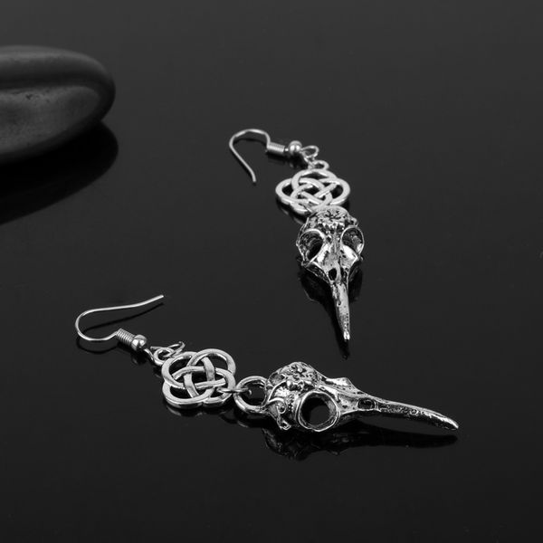 

mqchun nordic viking compass rune skull skeleton beak dangle earrings with scottish irish knot drop earring vintage goth jewelry, Silver