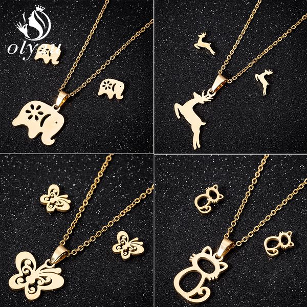 

oly2u gold jewelry sets for women stainless steel butterfly pendant necklace stud earrings long animal choker collier femme, Silver