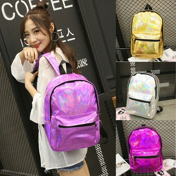 

2019 women casual holographic laser backpack travel pu leather large capacity anti-theft bling school travel rucksack