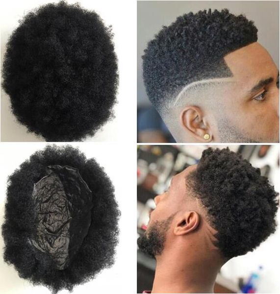 

men hair system afro hair toupee men hairpieces super full thin skin toupee jet black#1 brazilian virgin remy human hair replacement for men, Black