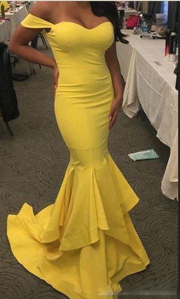 

mermaid evening dresses long yellow sweetheart off shouler sleeves tiered ruffle skirt slim prom party gowns, Black