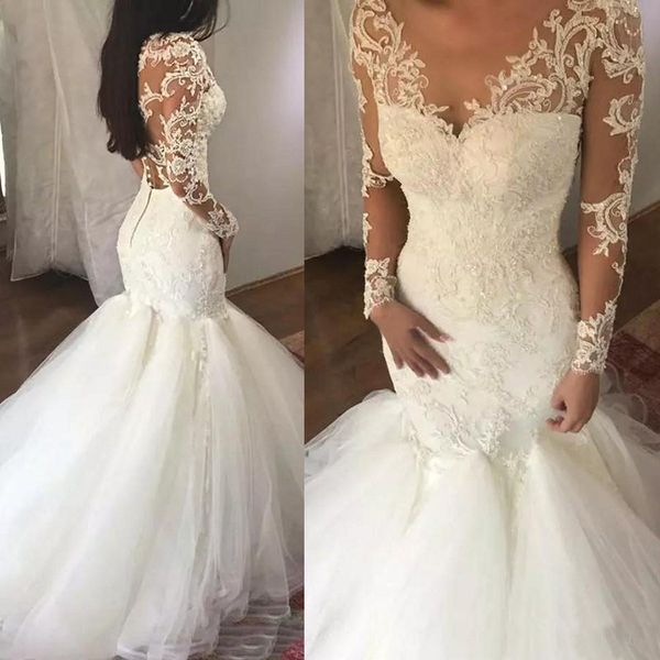 

New Fashion Lace Mermaid Wedding Dresses Long Sleeves V Neck Applique Illusion Back Court Train Bridal Gowns Wedding Dress Vestidos