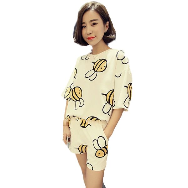 

women pajamas sets summer short sleeve casual cartonyellow bees print shirt and shorts sleepwear femme summer homewear, Blue;gray