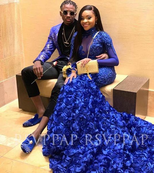 

royal blue mermaid длинные платья выпускного вечера 2020 африканский черная девочка потрясающие бисером аппликация лучшие 3d цветы с длинным, White;black